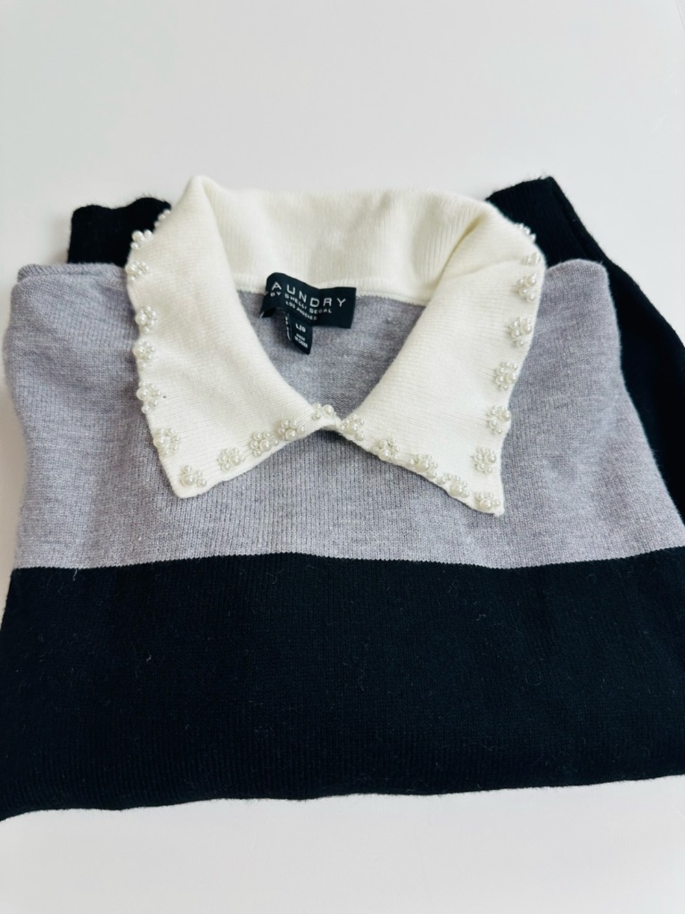Laundry By Shelli Segal Black, Gray & White Beaded Collar Sweater, size L, NWT